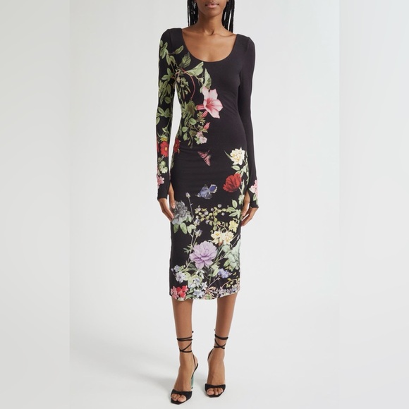 Alice + Olivia Delora scoop neck long sleeve floral  midi dress thumb holes 10 - Picture 11 of 13